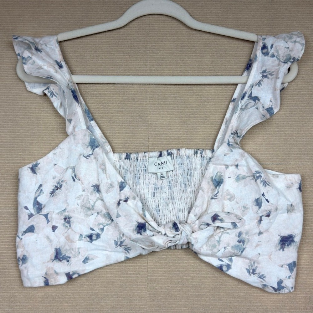 Cami NYC Floral Linen Ruffle Crop Top Blue White Smocked Back XL
